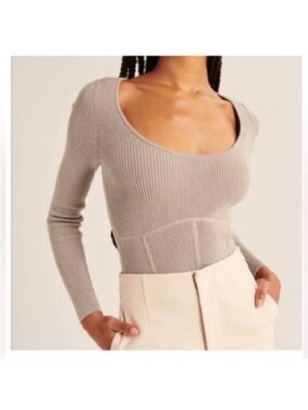 Abercrombie & Fitch Ribbed Scoop Neck Long-Sleeve corset Sweater - Taupe Sz med